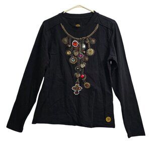 Double D Ranch Hearts Chain Rhinestone Black Longsleeve Blouse Top Shirt Large